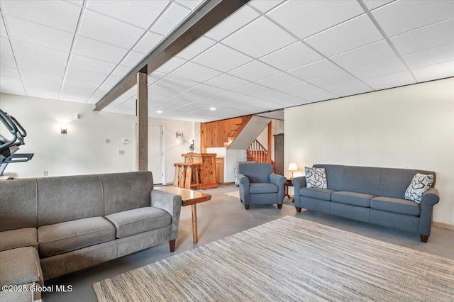 1062 S S Shore Rd, Hadley, NY 12835 - carpeted living area featuring stairs, a drop ceiling, and recessed lighting