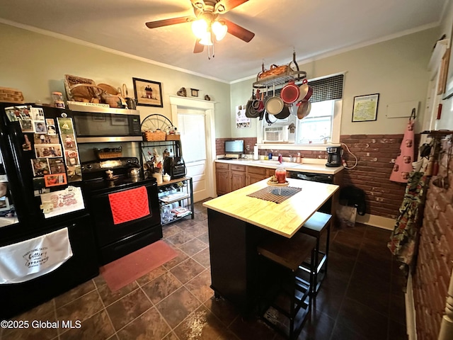 35 Walnut St, Canajoharie, NY 13317 - kitchen featuring black appliances, light countertops, a ceiling fan, ornamental molding, and cooling unit