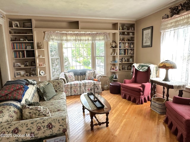 35 Walnut St, Canajoharie, NY 13317 - living area with ornamental molding, wood-type flooring, and built in features