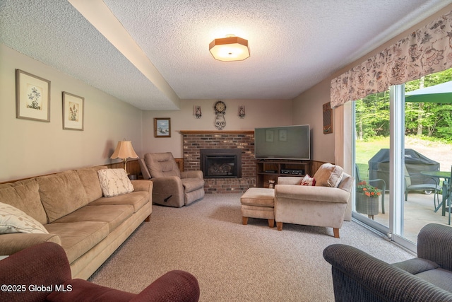 23 Tokay Ln, Colonie, NY 12309 - living room with a textured ceiling, light carpet, and a brick fireplace