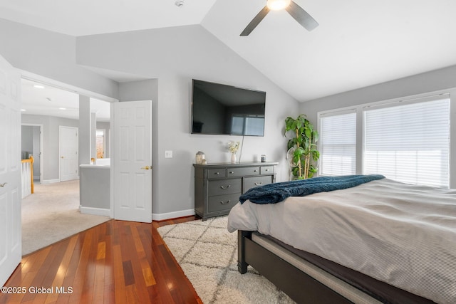 11 Fairview Ln, Halfmoon, NY 12118 - bedroom featuring lofted ceiling, hardwood / wood-style floors, multiple windows, and a ceiling fan