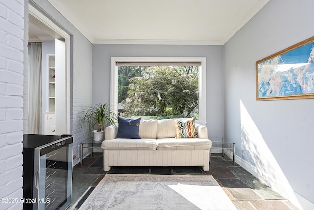 101 Euclid Ave, Albany, NY 12203 - living area featuring stone tile flooring, wine cooler, and ornamental molding