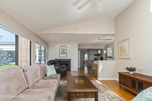 101 Euclid Ave, Albany, NY 12203 - living area with lofted ceiling, wood finished floors, a ceiling fan, and a fireplace