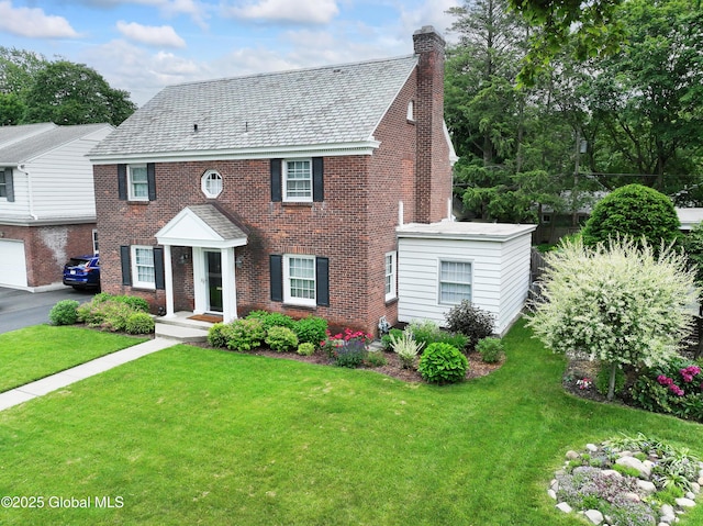 101 Euclid Ave, Albany, NY 12203 - view of front of property featuring brick siding, a chimney, a front yard, and a high end roof