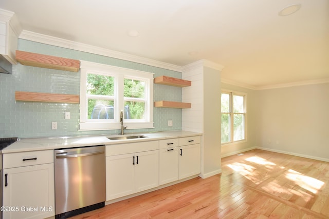 21 Cabot Way, Halfmoon, NY 12065 - kitchen with dishwasher, open shelves, light wood-style floors, decorative backsplash, and crown molding