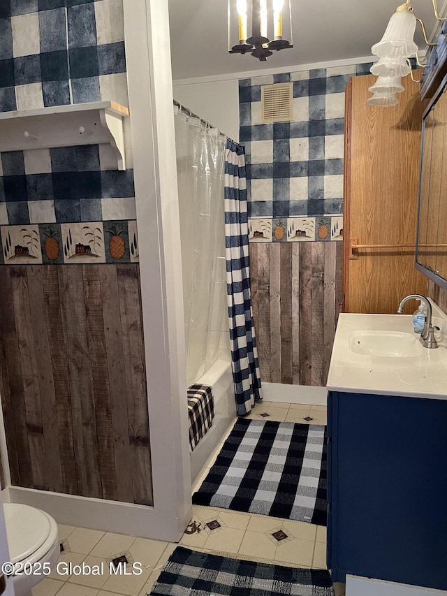 65 W Broadway, Salem, NY 12865 - bathroom featuring vanity, tile patterned flooring, shower / bath combo with shower curtain, and a chandelier