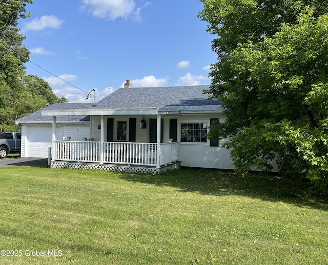 65 W Broadway, Salem, NY 12865 - ranch-style house featuring a porch, an attached garage, a front yard, and a chimney