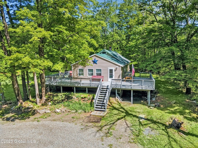 633 Moore Hill Rd, Stephentown, NY 12168 - rear view of property featuring a wooden deck, stairs, and a view of trees
