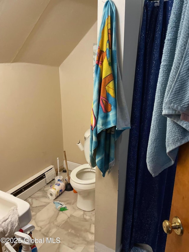 21-25 Mohawk St, Fort Plain, NY 13339 - bathroom featuring baseboard heating, marble look tile flooring, and a shower