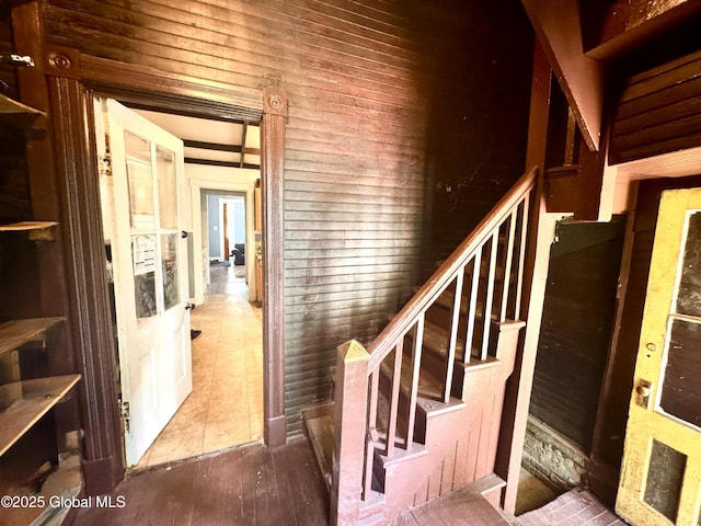 358 2nd St, Albany, NY 12206 - stairway featuring wooden walls and wood finished floors