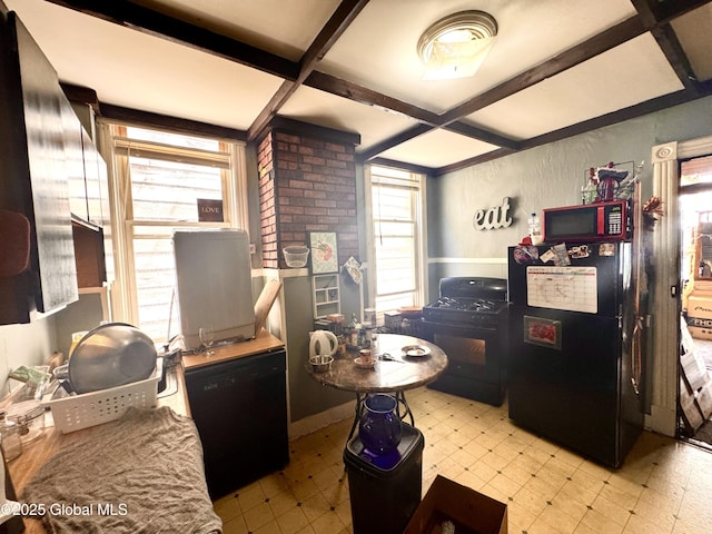 358 2nd St, Albany, NY 12206 - kitchen with black appliances, light floors, coffered ceiling, and beamed ceiling