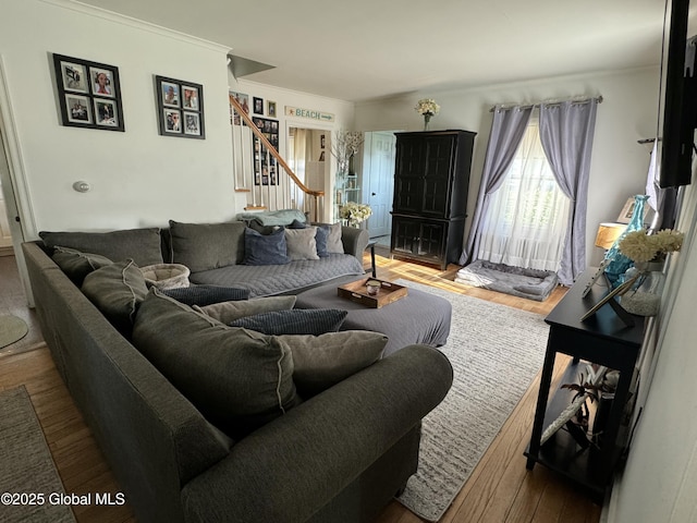 23 Ferry Blvd, South Glens Falls, NY 12803 - living room with stairway, wood finished floors, and crown molding