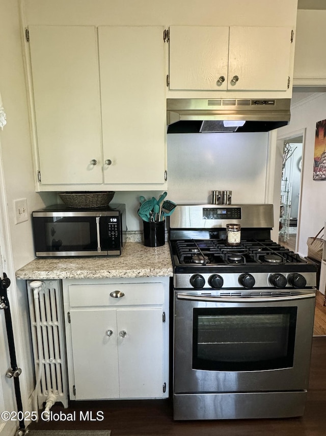 23 Ferry Blvd, South Glens Falls, NY 12803 - kitchen featuring stainless steel appliances, under cabinet range hood, white cabinets, and dark wood-type flooring
