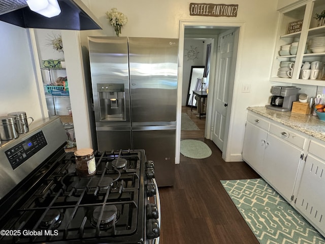 23 Ferry Blvd, South Glens Falls, NY 12803 - kitchen with appliances with stainless steel finishes, dark wood finished floors, open shelves, white cabinetry, and extractor fan