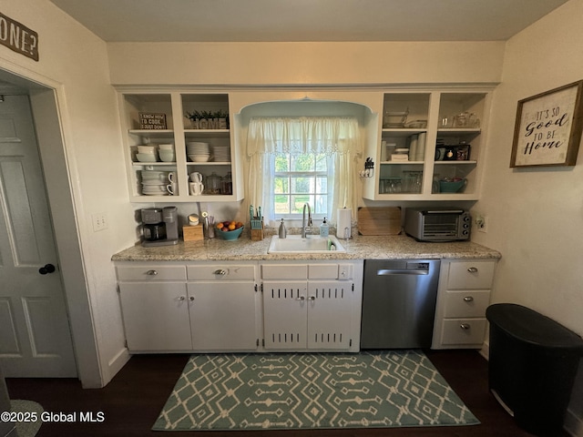 23 Ferry Blvd, South Glens Falls, NY 12803 - kitchen with stainless steel dishwasher, open shelves, white cabinets, and built in features