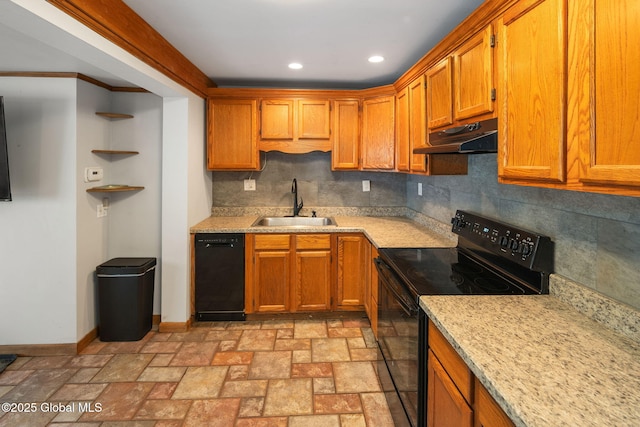 3445 Gari Ln, Guilderland, NY 12303 - kitchen with black appliances, under cabinet range hood, backsplash, recessed lighting, and brown cabinets