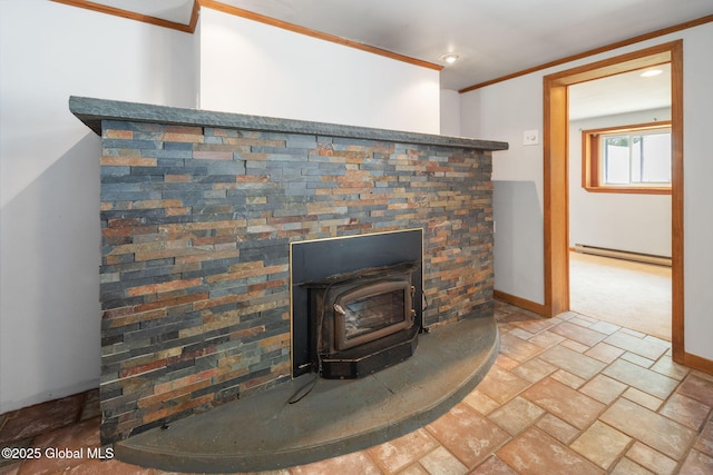 3445 Gari Ln, Guilderland, NY 12303 - detailed view of ornamental molding, a baseboard radiator, and a wood stove