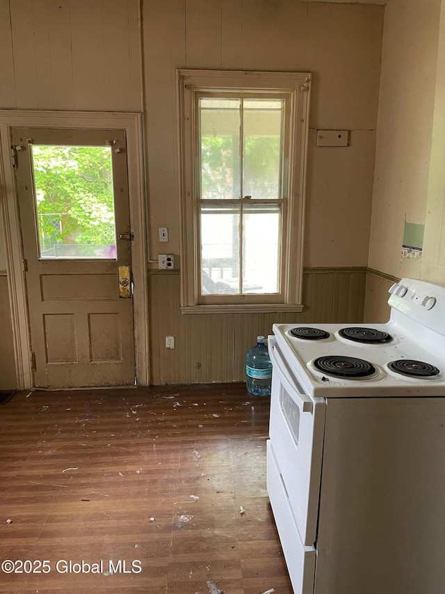 30 Washington St, Fort Plain, NY 13339 - kitchen featuring white electric range, wood-type flooring, wainscoting, and wood walls