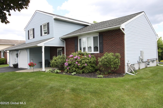 6 Galileo Way, Colonie, NY 12110 - tri-level home with a front yard, brick siding, driveway, and a shingled roof