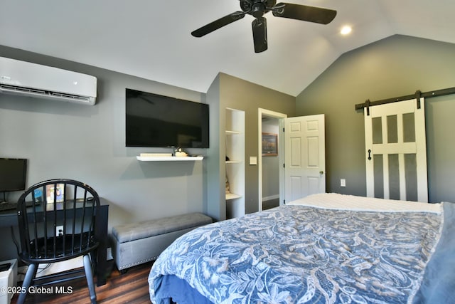 157 Mosquito Swamp Rd, Greenwich, NY 12834 - bedroom with a wall unit AC, a barn door, lofted ceiling, a ceiling fan, and wood finished floors