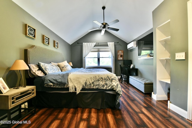 157 Mosquito Swamp Rd, Greenwich, NY 12834 - bedroom with an AC wall unit, wood finished floors, vaulted ceiling, and a ceiling fan