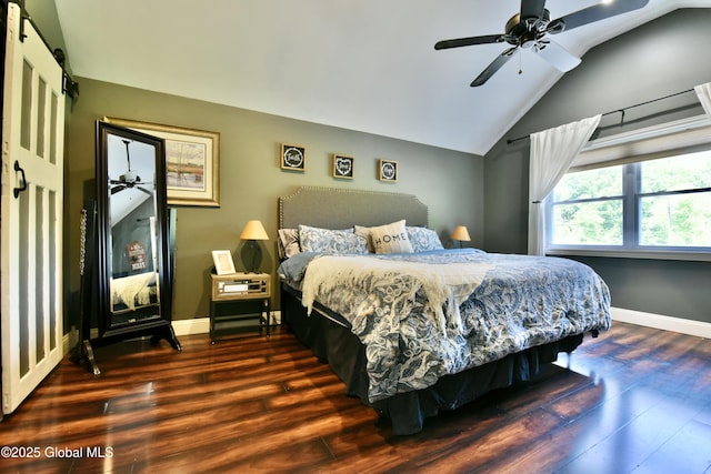 157 Mosquito Swamp Rd, Greenwich, NY 12834 - bedroom with lofted ceiling, wood finished floors, a ceiling fan, and a barn door
