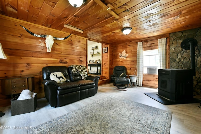 157 Mosquito Swamp Rd, Greenwich, NY 12834 - living area featuring a wood stove, wooden ceiling, wood finished floors, and wood walls