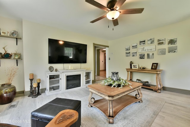 157 Mosquito Swamp Rd, Greenwich, NY 12834 - living room featuring wood finished floors, a ceiling fan, and a glass covered fireplace