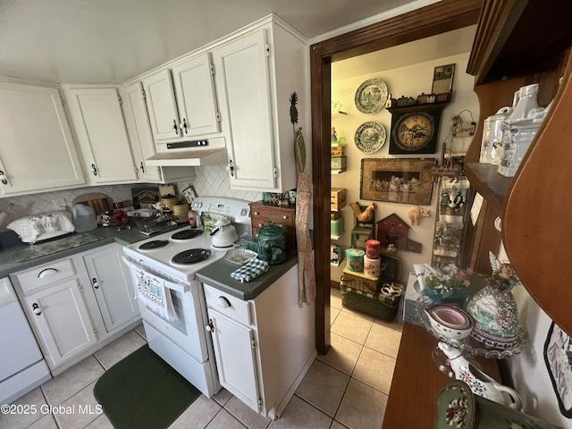 56 Wendell St, Ravena, NY 12143 - kitchen featuring white range with electric cooktop, under cabinet range hood, dark countertops, and light tile patterned floors