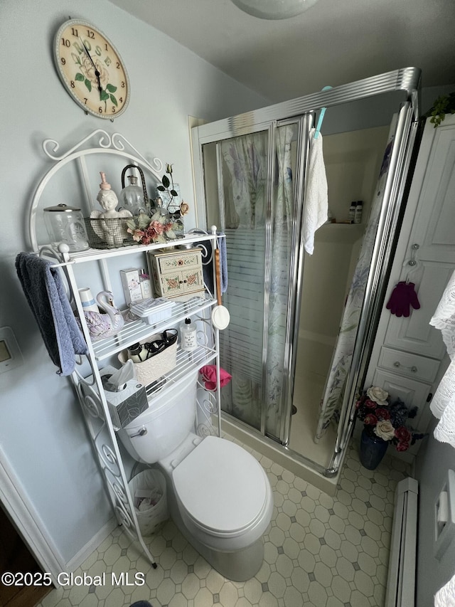 56 Wendell St, Ravena, NY 12143 - bathroom featuring a shower stall, baseboard heating, and tile patterned floors