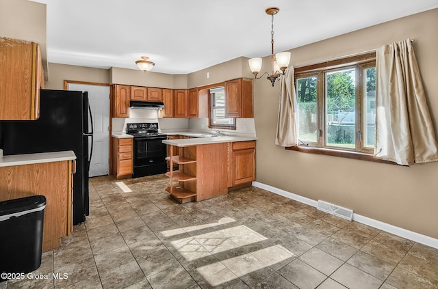 954 Obrien Ave, Rotterdam, NY 12303 - kitchen featuring black appliances, under cabinet range hood, light countertops, open shelves, and brown cabinetry