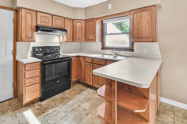 954 Obrien Ave, Rotterdam, NY 12303 - kitchen with black range with electric stovetop, under cabinet range hood, open shelves, light countertops, and stone tile flooring