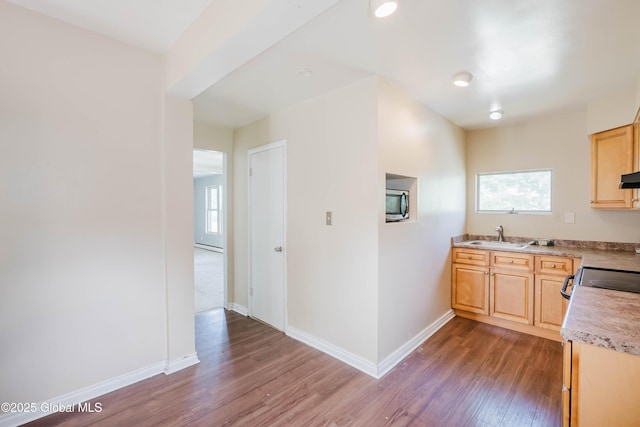 1818 4th St, Rensselaer, NY 12144 - kitchen with light brown cabinetry, dark wood-style flooring, stove, light countertops, and a baseboard radiator