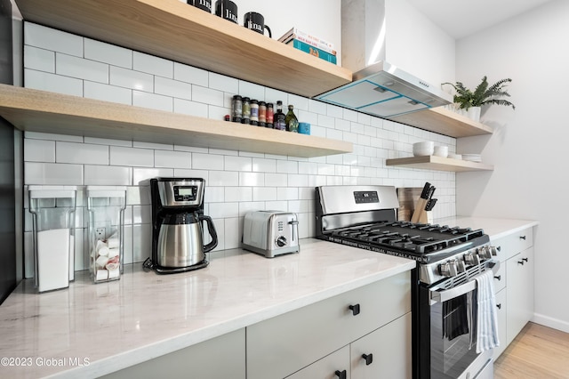 1 Wawayanda Pl, Middletown, NY 10940 - kitchen featuring open shelves, gas stove, island exhaust hood, and light stone countertops