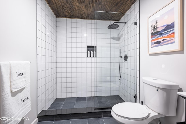 1 Wawayanda Pl, Middletown, NY 10940 - bathroom with a tile shower, wooden ceiling, and tile patterned flooring