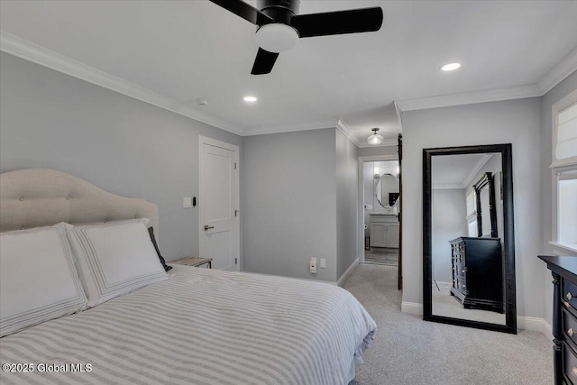 139 Country Walk Rd, Rotterdam, NY 12306 - bedroom featuring crown molding, light colored carpet, recessed lighting, a ceiling fan, and connected bathroom