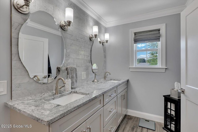 139 Country Walk Rd, Rotterdam, NY 12306 - full bath with double vanity, crown molding, and wood finished floors