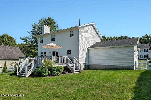 139 Country Walk Rd, Rotterdam, NY 12306 - back of property with stairs, a wooden deck, and a chimney