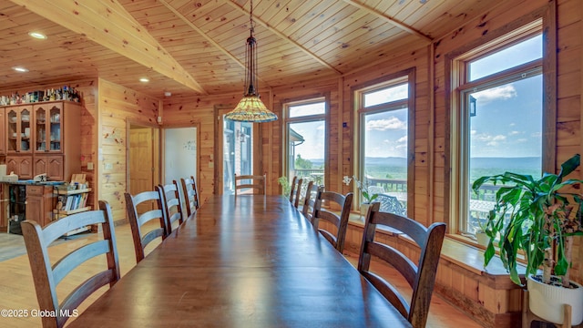 102 Taylor Ct, Mayfield, NY 12117 - dining area featuring wood walls, wood ceiling, recessed lighting, and light wood finished floors