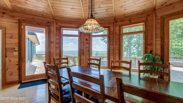 102 Taylor Ct, Mayfield, NY 12117 - dining area with lofted ceiling, wooden walls, wood finished floors, and wooden ceiling