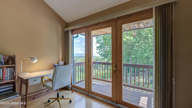 102 Taylor Ct, Mayfield, NY 12117 - office area with plenty of natural light, lofted ceiling, and wood finished floors