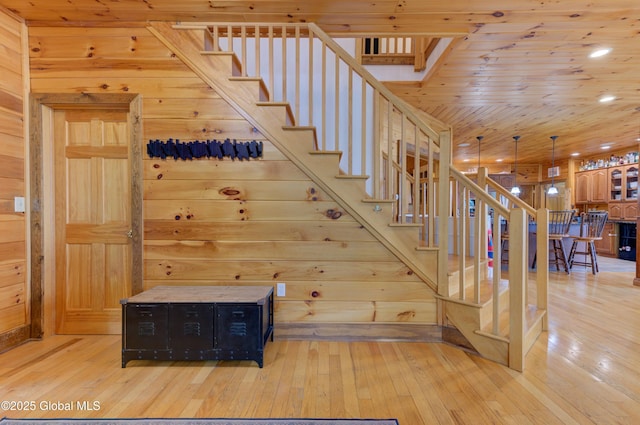 102 Taylor Ct, Mayfield, NY 12117 - stairway with wood-type flooring, wood walls, and wood ceiling