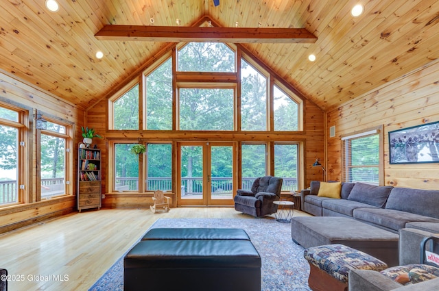 102 Taylor Ct, Mayfield, NY 12117 - living area with high vaulted ceiling, wood ceiling, wooden walls, wood finished floors, and recessed lighting