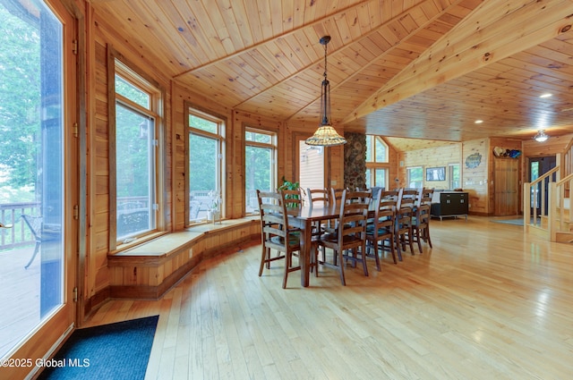 102 Taylor Ct, Mayfield, NY 12117 - dining area with wooden ceiling, light wood-type flooring, and wood walls