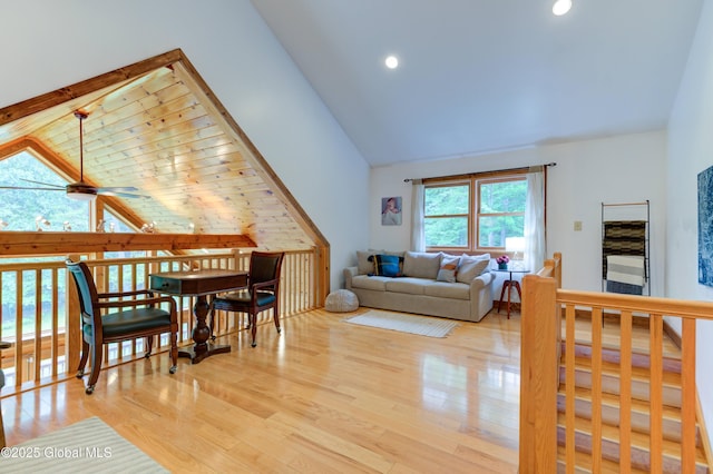 102 Taylor Ct, Mayfield, NY 12117 - living room with high vaulted ceiling, wood finished floors, ceiling fan, and recessed lighting