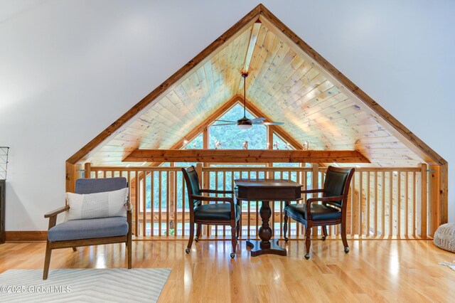 102 Taylor Ct, Mayfield, NY 12117 - dining area with a ceiling fan, wood ceiling, and wood finished floors