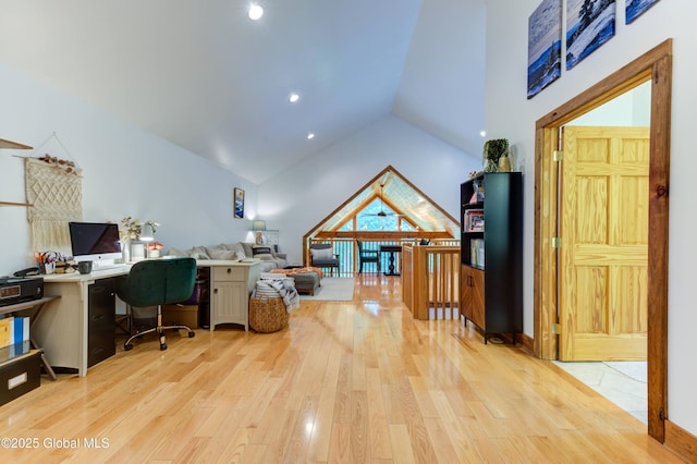 102 Taylor Ct, Mayfield, NY 12117 - home office with light wood-style flooring, high vaulted ceiling, and recessed lighting