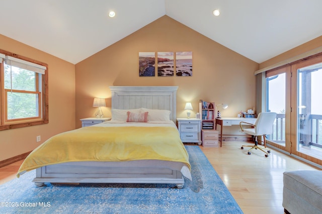 102 Taylor Ct, Mayfield, NY 12117 - bedroom featuring wood finished floors, vaulted ceiling, access to outside, a desk, and recessed lighting