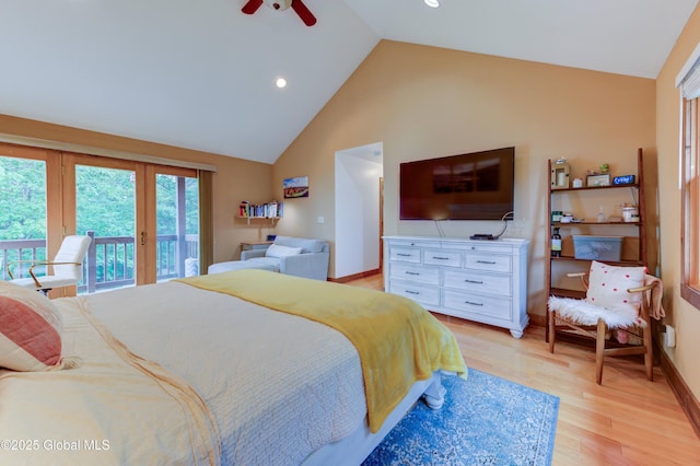 102 Taylor Ct, Mayfield, NY 12117 - bedroom with access to outside, light wood-style flooring, high vaulted ceiling, ceiling fan, and recessed lighting