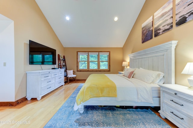 102 Taylor Ct, Mayfield, NY 12117 - bedroom with light wood-style flooring, lofted ceiling, and recessed lighting
